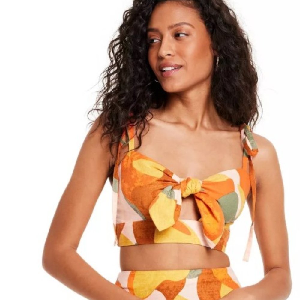 Women's Mixed Paint Print Knotted Crop Tank Top - Fe Noel x Target Orange/Brown/